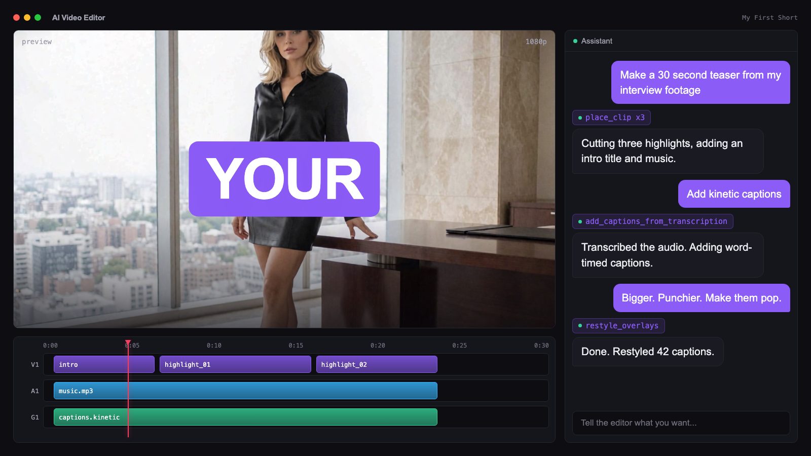 The AI Video Editor timeline, preview, and assistant chat mid-edit